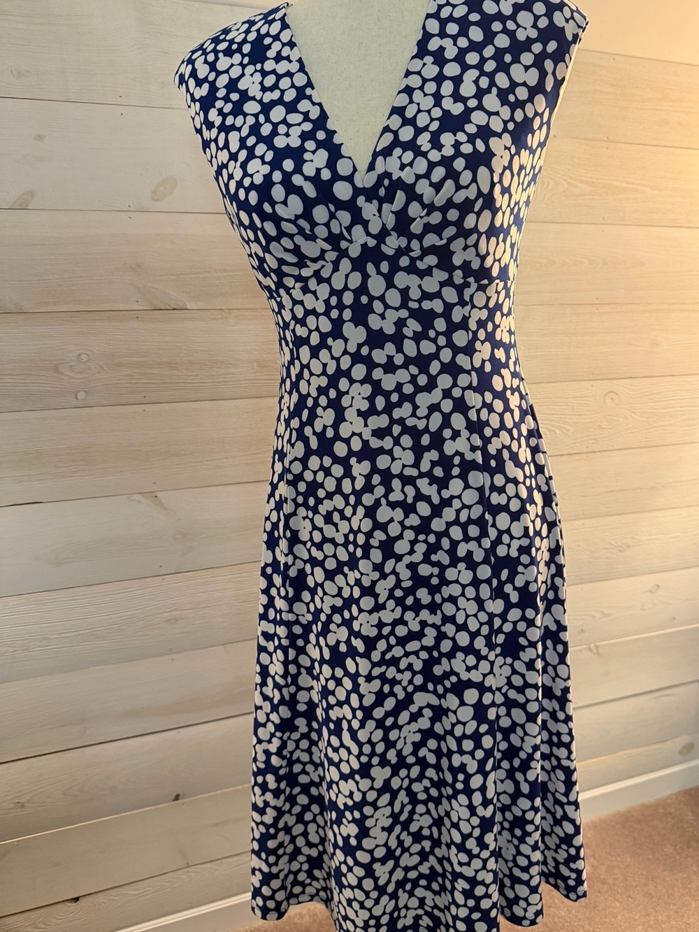 Chaps Navy and White Polka Dot V-Neck Midi Dress